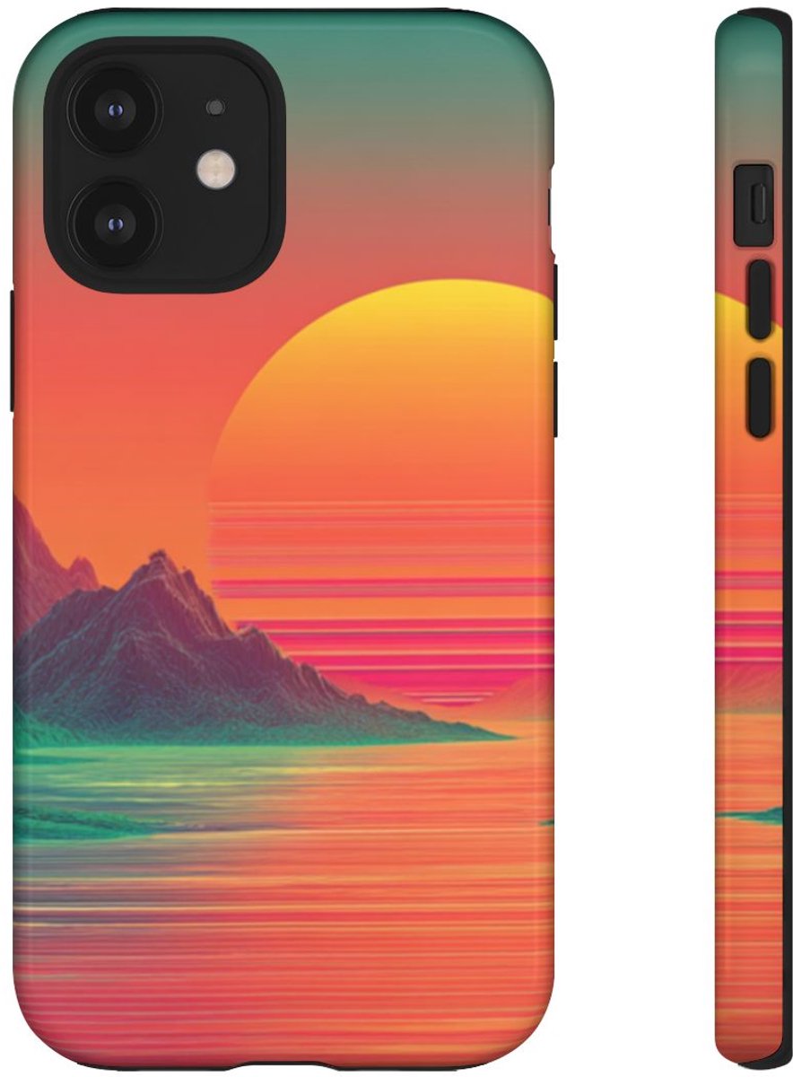 Neon Zonsondergang met Bergen en Zee – Telefoonhoesje Geschikt voor iPhone 12