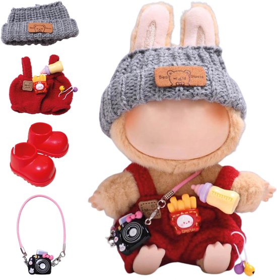 Vêtements ADEL pour Pop Labubu 17 cm – Comprend un chapeau, une barboteuse, un appareil photo et des Chaussures pour femmes – Vêtements de poupée mignons – Tenue complète avec Accessoires de vêtements pour bébé Rouge