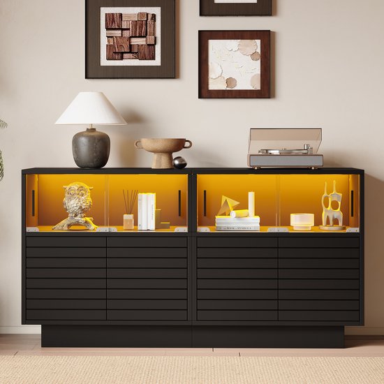 Gutent Kast - 130 x 35 x 68 cm - 2 deuren - 4 schappen - glazen deuren - LED-verlichting - Zwart