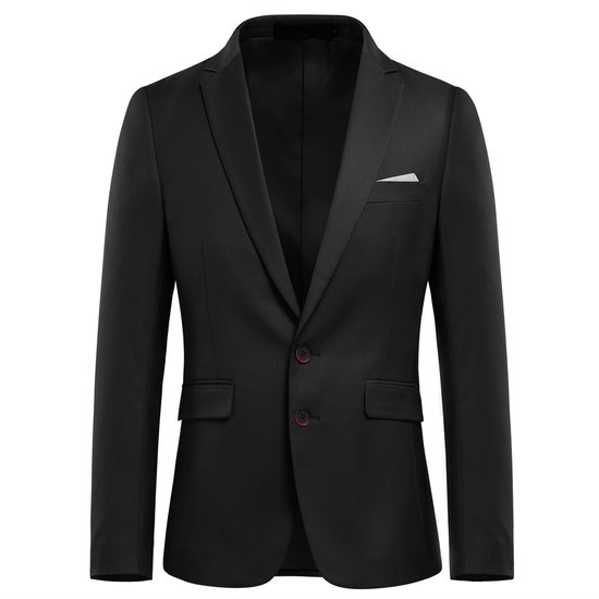Zwarte blazer met gekartelde kraag, twee knopen en zakken. Witte pochet in borstzak.