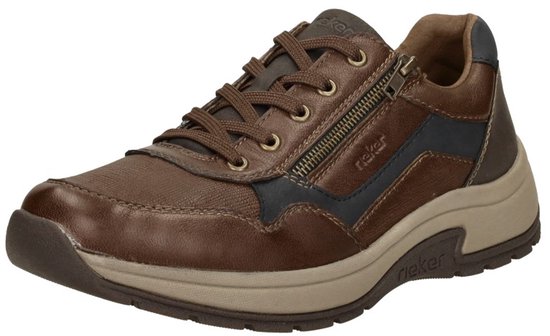 Bruine leren Rieker sneaker met rits en veters. Beige en donkerblauwe accenten.