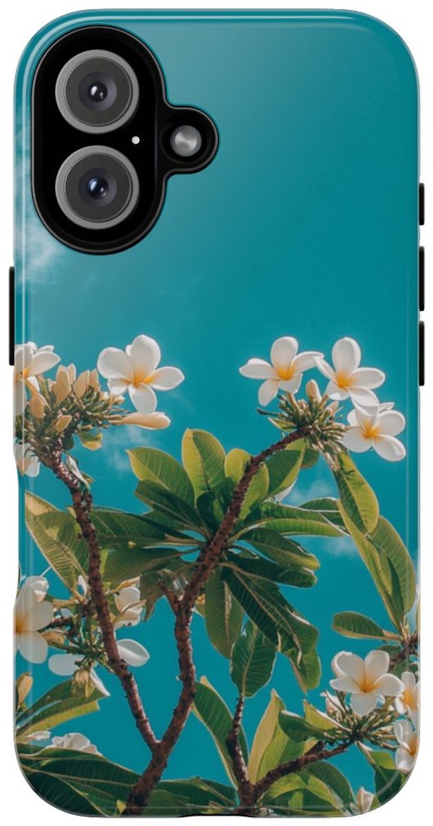 Witte Frangipanibloemen met Groene Bladeren – Telefoonhoesje Geschikt voor iPhone 16