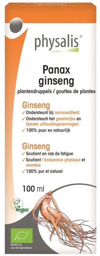 Physalis Panax ginseng plantendruppels, 100 ml. Oranje doos met ginsengwortel afbeelding.