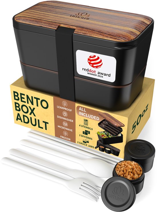 Boîte à lunch Umami® Bento Adultes ( Cherry Zwart ), comprenant des couverts et 2 pots à sauce - Boîte à lunch pour le micro-ondes, Boîte à lunch intégrée pour adultes - Boîte alimentaire à 4 compartiments, Boîte à lunch, Boîte alimentaire