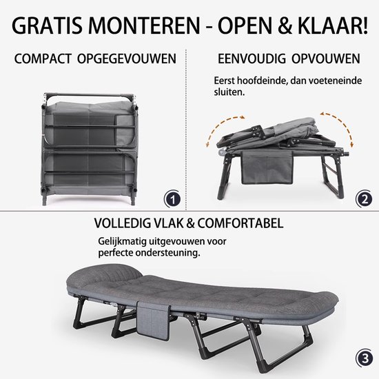Veldbed - Camping bed - Logeerbed met Kussen- Opvouwbaar Kampeerbed - 190x66x30 cm - Strandbed - Versterkt 8-Poots - Met 3x Lendensteun - Stevig Kussen - Inklapbaar - Antraciet/Grijs - Ideaal voor Tuin, Kamperen & Reis van Merkloos — afbeelding 3