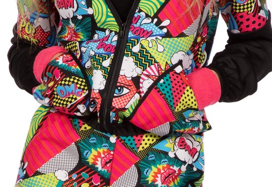 Close-up van trainingsjack met pop-art print: cartoonogen, lippen, 'BAM' en 'POW'.