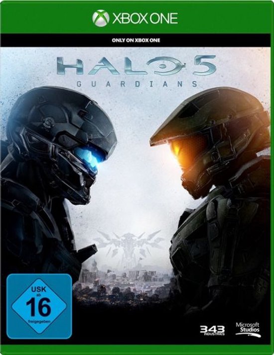 Xbox One Halo 5: Guardians gamehoes met twee krijgers met helmen die naar elkaar kijken.