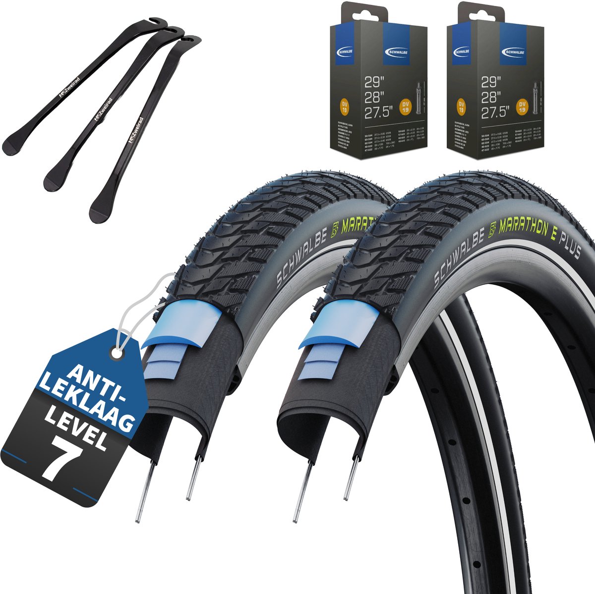 2 x Schwalbe fietsbanden Marathon E-Plus Zwart Reflex 28 x 2,00 inch buitenband (50-622)“ + DV Dunlop / Hollands ventiel binnenbanden + MSZweirad bandenlichters