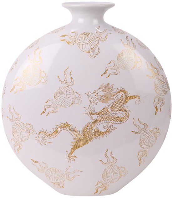 Fine Asianliving Chinese Vaas Porselein Wit Draak Handgeschilderd B32xD12xH34cm