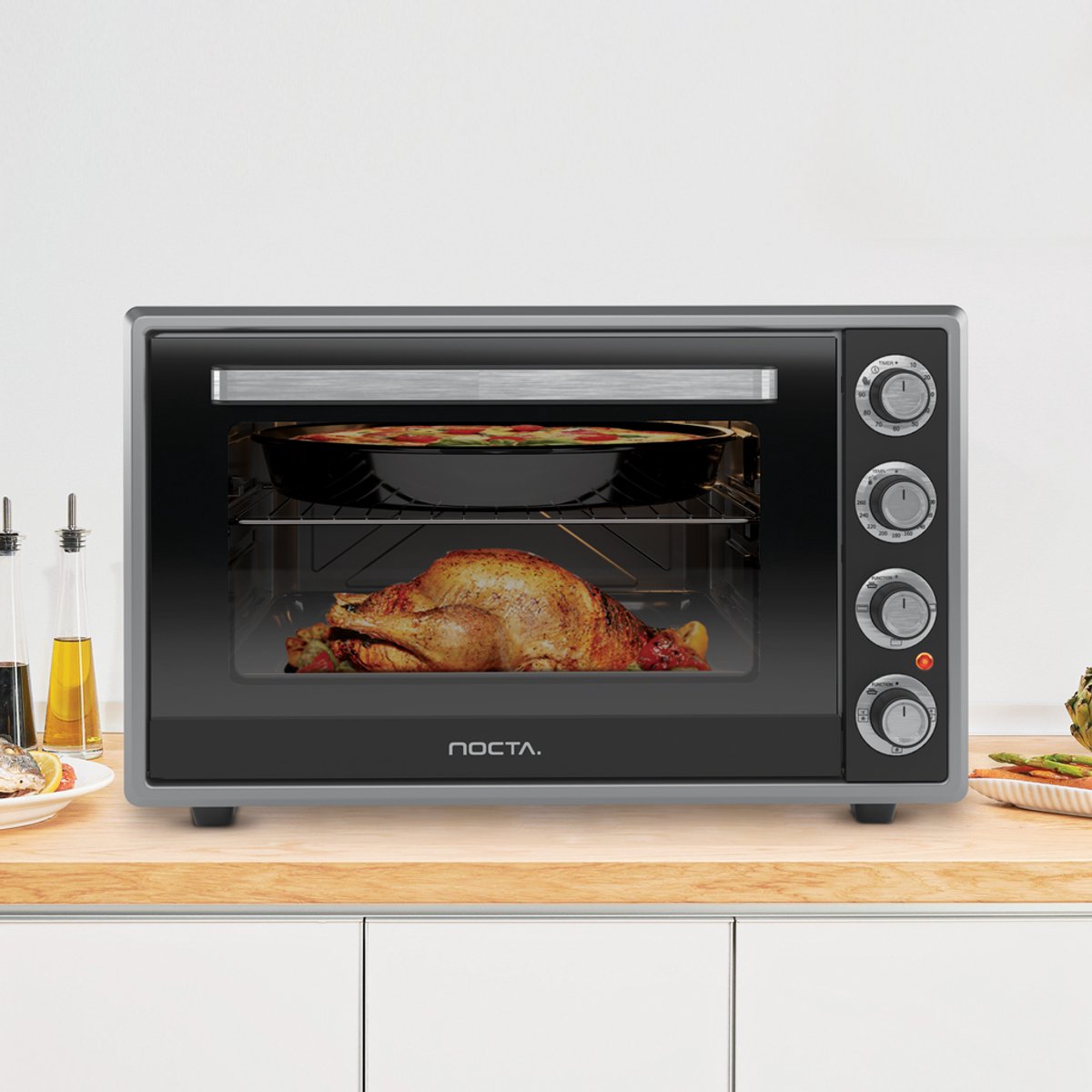 Nocta hetelucht oven 70 liter elektrisch vrijstaand grijs 2000 watt met ontdooi functie timer binnenverlichting accessoires dubbel glas CE gecertificeerd – foto 5