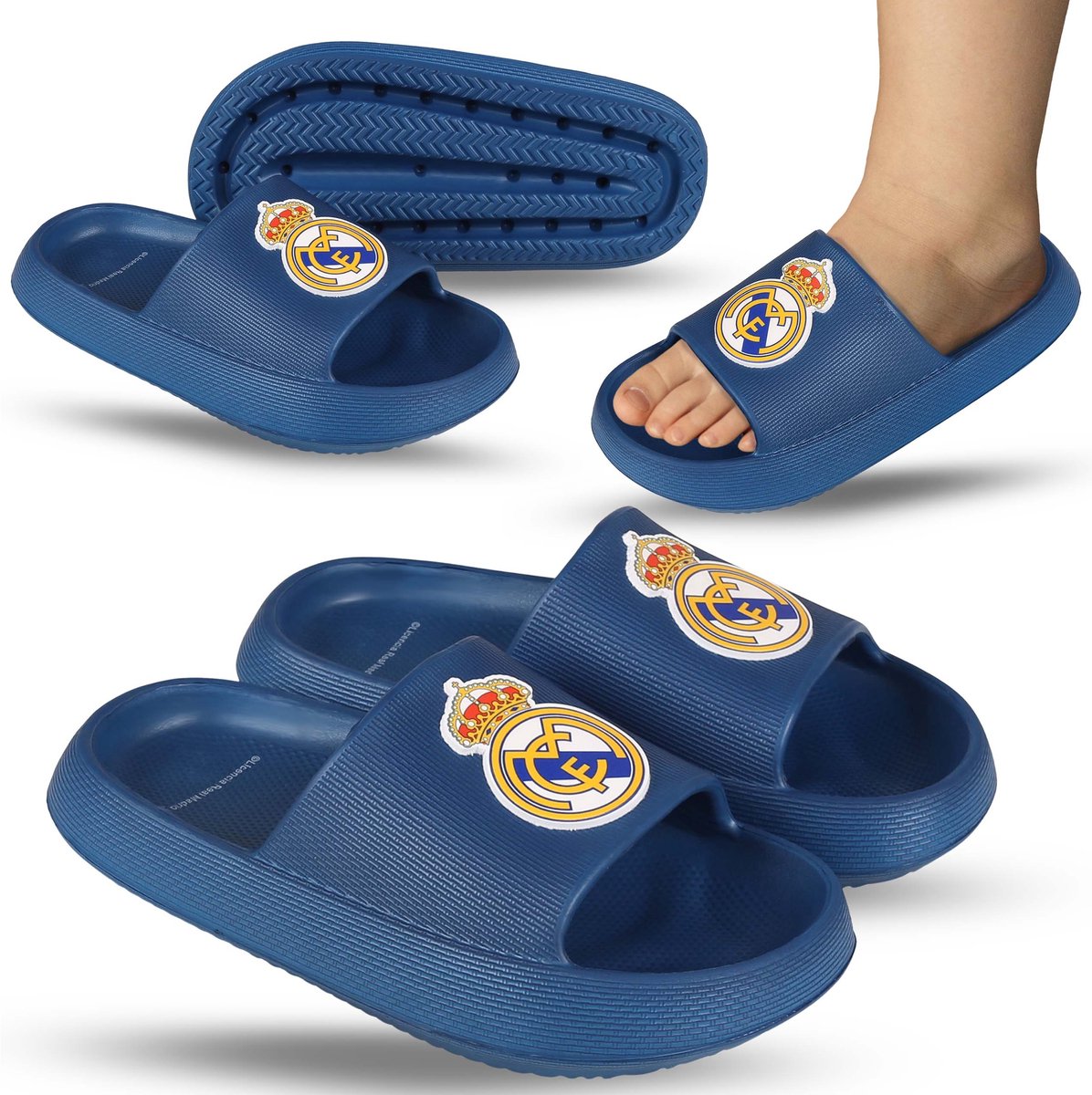 Real Madrid Marineblauwe teenslippers van SCHUIMRUBBEREN SLIPPERS voor het zwembad, DIKKE ZOOL, LICHTGEWICHT