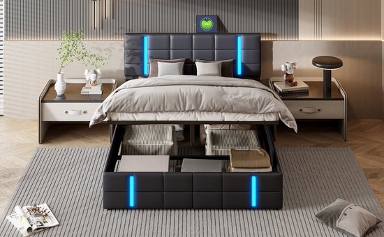 Tweepersoons Opbergbed 180x200cm, Fluweel Gevoerd Bed, Met LED-verlichting, Modern Bedframe Met Opbergruimte Beige