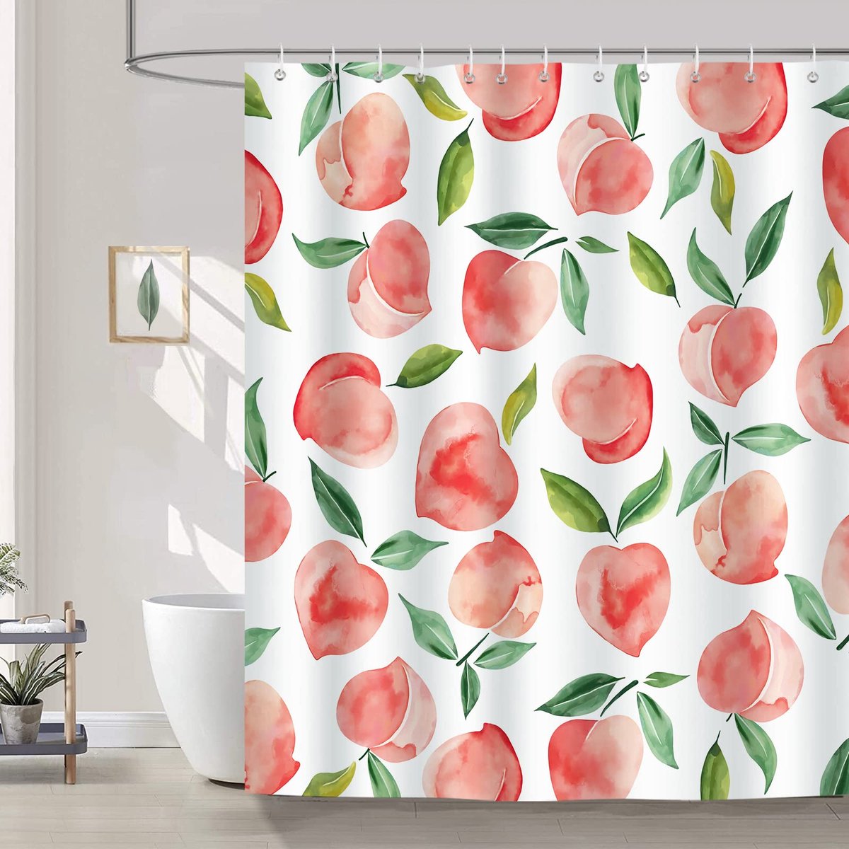 Ibenzoa® Decoratief Douchegordijn met Perzik en Groene Bladeren, Schimmelwerend en Waterdicht, 180x180 cm