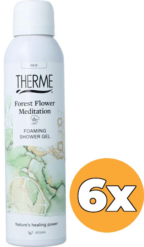 Therme Forest Flower Meditation foaming shower gel met groen en gouden abstracte print. "6x" sticker.