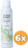 Therme Forest Flower Meditation foaming shower gel met groen en gouden abstracte print. "6x" sticker.