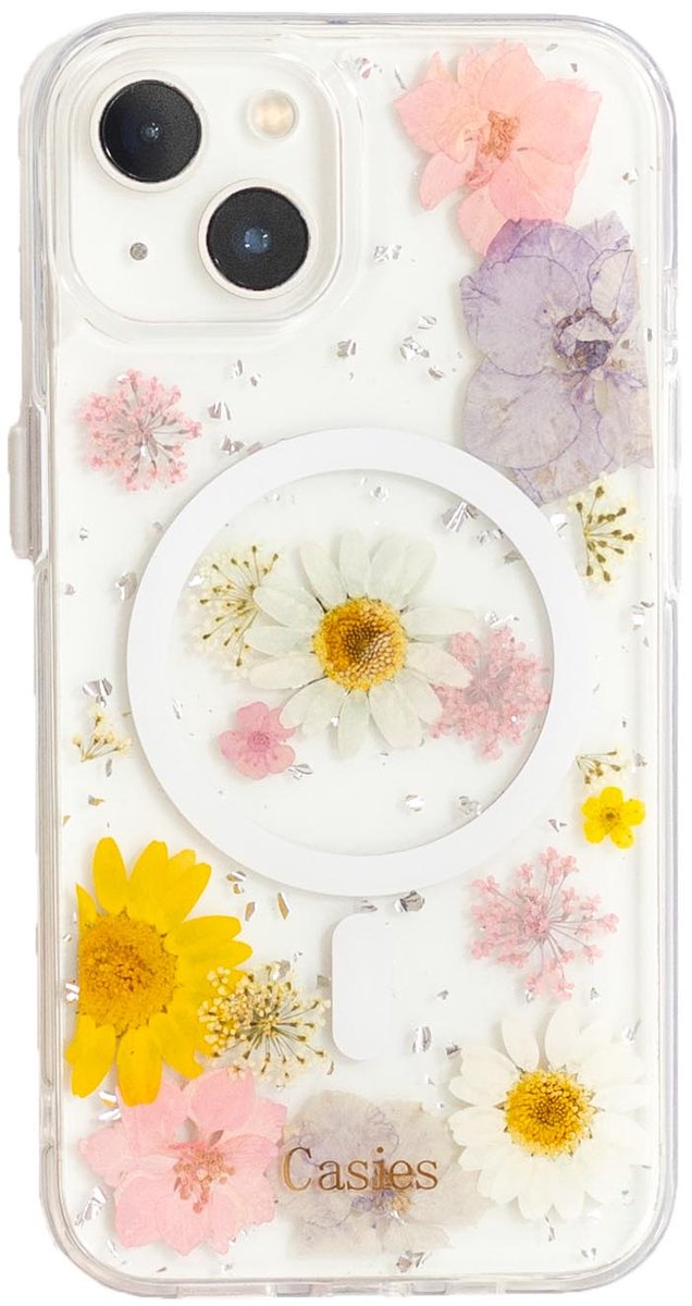 Casies droogbloemen MagSafe hoesje geschikt voor Apple iPhone 15 Plus - gedroogde bloemen telefoonhoesje - Dried Flower Soft Case TPU - Transparant