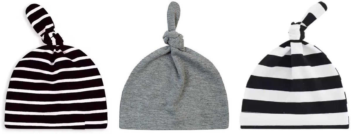 3 pack - Newborn Babymutsjes met Knoop - Zwart Wit Strepen Set
