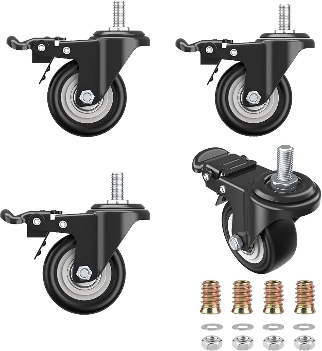 4 x 50 mm meubelwielen met rem, M10 x 25 mm zwenkwielen voor meubels, zware wielen, zwart, draagvermogen 280 kg, zwenkwielen met rem, 360° draaibaar, voor meubels, karren, industriële apparatuur