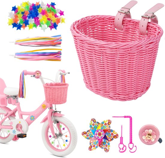 Roze kinderfiets met mandje, windmolen, bel, stuurlintjes, spaakkralen en extra accessoires.