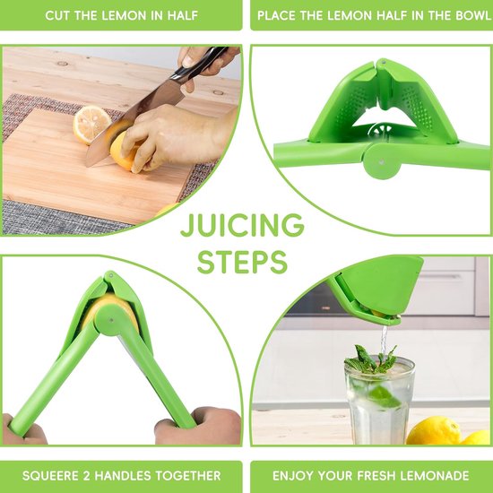 Citroenpers - Handmatige fruitpers - Herbruikbaar - Citruspers - Opvouwbaar plat ontwerp - Bespaart opslagruimte - Gemakkelijk te gebruiken - Geschikt voor citroenen, limoenen, mandarijnen, sinaasappels, fruit - Groen — afbeelding 4