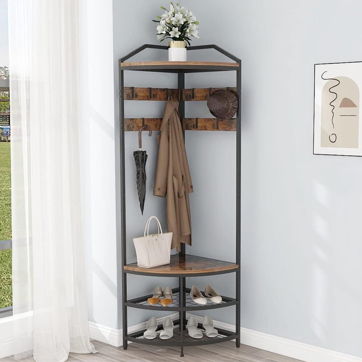 MKSS® Kapstok Staand met Schoenenrek - Gardaroberek - Hout - Industrieel - Bruin
