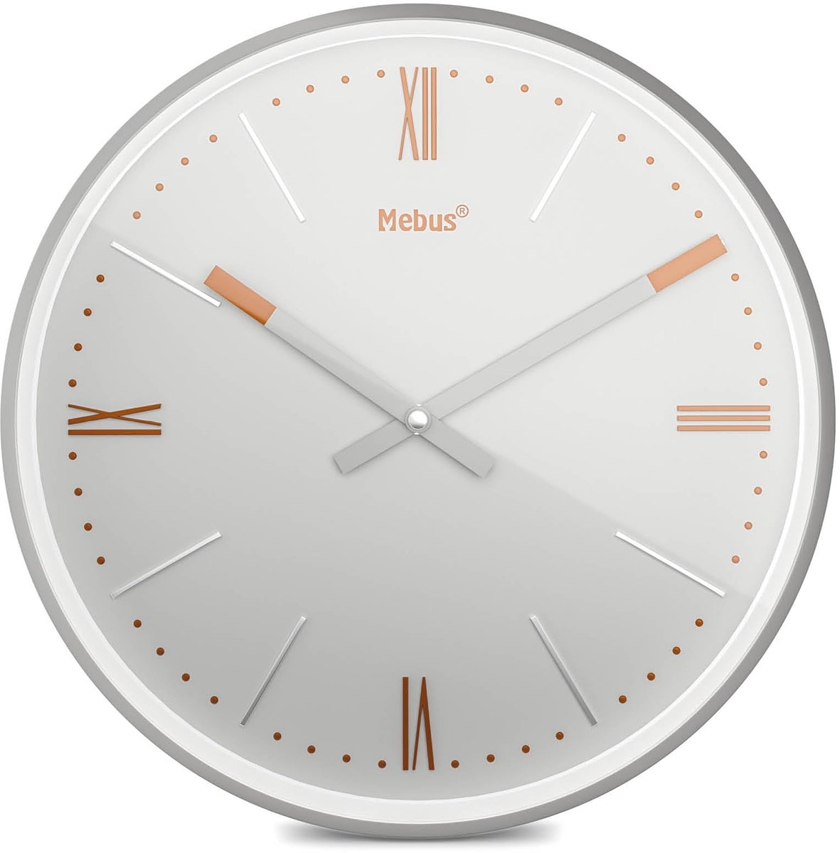 Mebus TinyTime wandklok met Romeinse cijfers | Wandklok zonder tikken | Diameter 25 cm | Klassieke wijzerplaat in lichtgrijs | Zilveren kast | Koperkleurige accenten, 19779