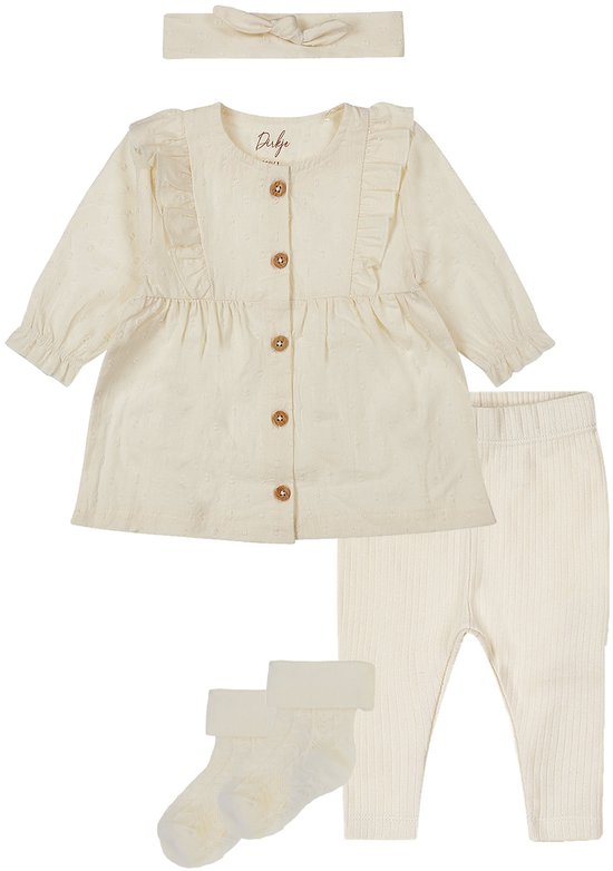 Dirkje Noppies - Ensemble de vêtements - 4 pièces - Robe Dirkje avec bandeau - Leggings - Blanc cassé - 1 paire de chaussettes Noppies avoine avec motif - Taille 62