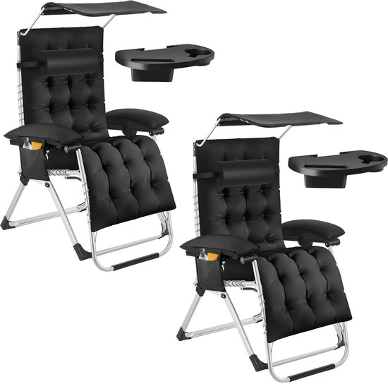tectake® set van 2 Opvouwbare Ligstoelen Cloud met Zonnescherm - Tuinstoelen met Bijzettafels - Traploos Verstelbaar - Voor Balkon, Camping of Tuin - Relaxstoelen met extra dik Kussen - Strandstoelen - Ligbed - Div. kleuren - Zwart