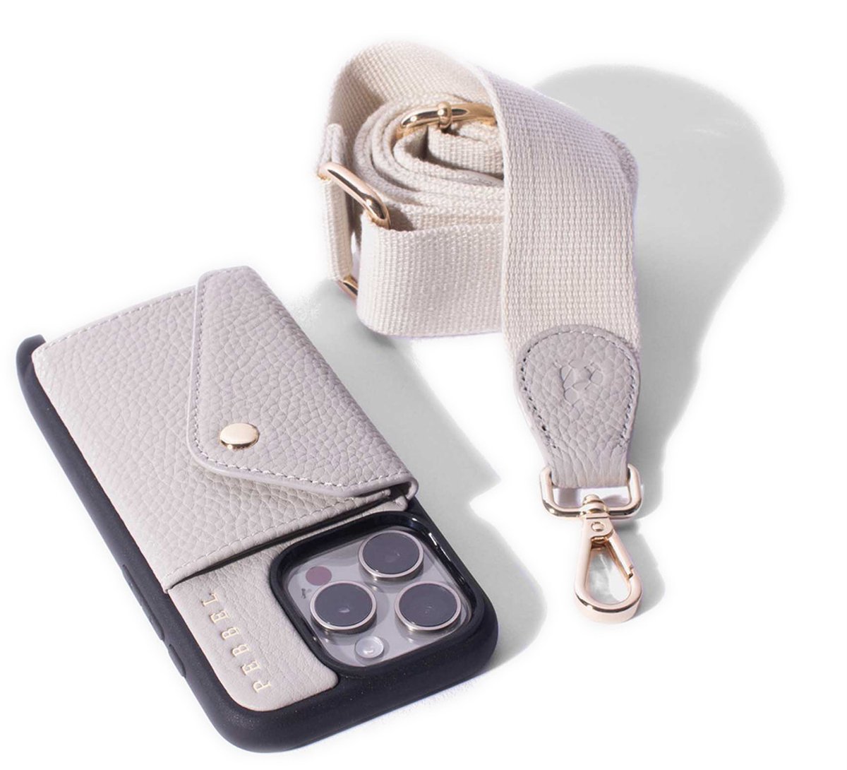 Pebbel Crossbody Hoesje Hailey Greige - geschikt voor iPhone 16 Plus - Luxe Hoesje met Hailey Koord - Echt Italiaans Leer - Pashouder