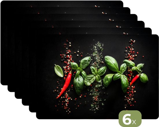 Napperons - 6 pièces - 45x30 cm - Set de table en plastique - Piments - Basilic - Feuilles - Rouge - Dessous de Assiettes - Décoration de table - Accessoires de décoration de table de Cuisine - Dessous de plat en Vinyl - Décoration de table