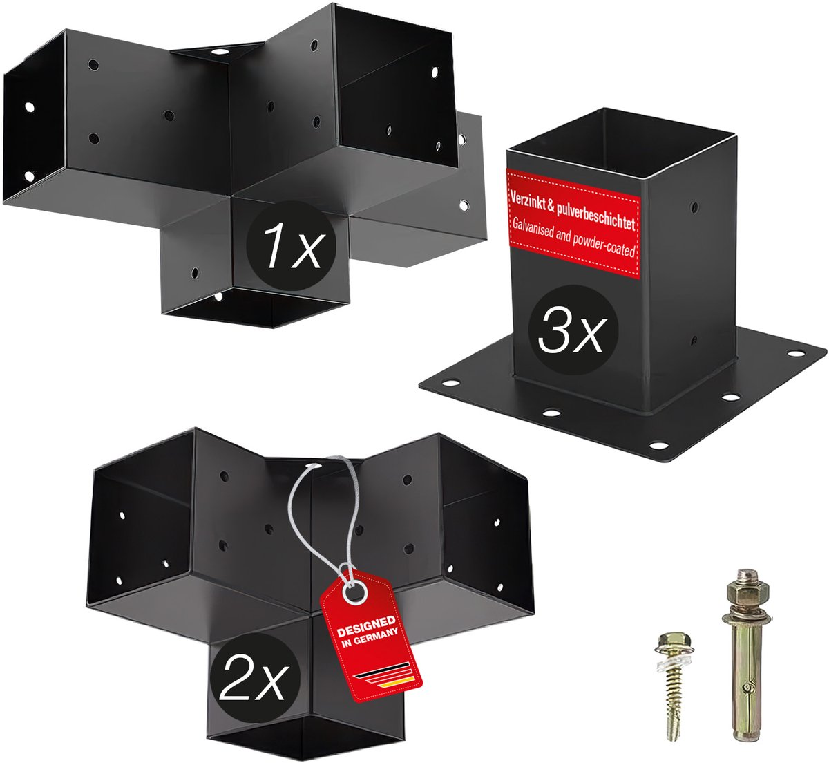SOTECH bevestigingsset 6-delig (2x hoekverbinders + 1x middenverbinder + 3x grondhulzen) vierkant 100 x 100 mm staal verzinkt en zwart gepoedercoat voor maximale corrosiebescherming