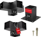 Set van zwarte metalen verbinders voor een 4-weg en 3-weg verbinding, met grondhulzen en bevestigingsmateriaal. 'Ontworpen in Duitsland'.