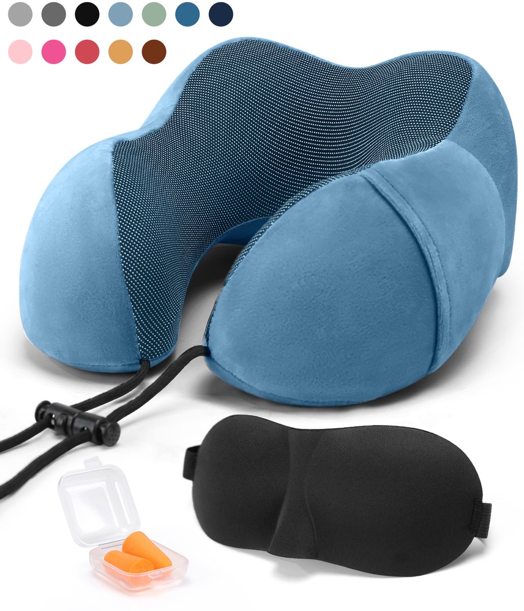 SKYCASES Travel Essentials - Nekkussen Set 3-delig - Ergonomisch Memory Foam Reiskussen met Oogmasker en Oordoppen - Ideaal voor Vliegtuig, Auto en Trein - Compact en Luxe - Royal Blue