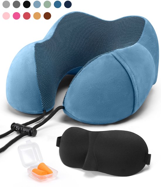 SKYCASES Travel Essentials - Nekkussen Set 3-delig - Ergonomisch Memory Foam Reiskussen met Oogmasker en Oordoppen - Ideaal voor Vliegtuig, Auto en Trein - Compact en Luxe - Royal Blue