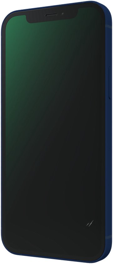 Schuine weergave van een donkerblauwe iPhone 12 met donkergroen scherm.