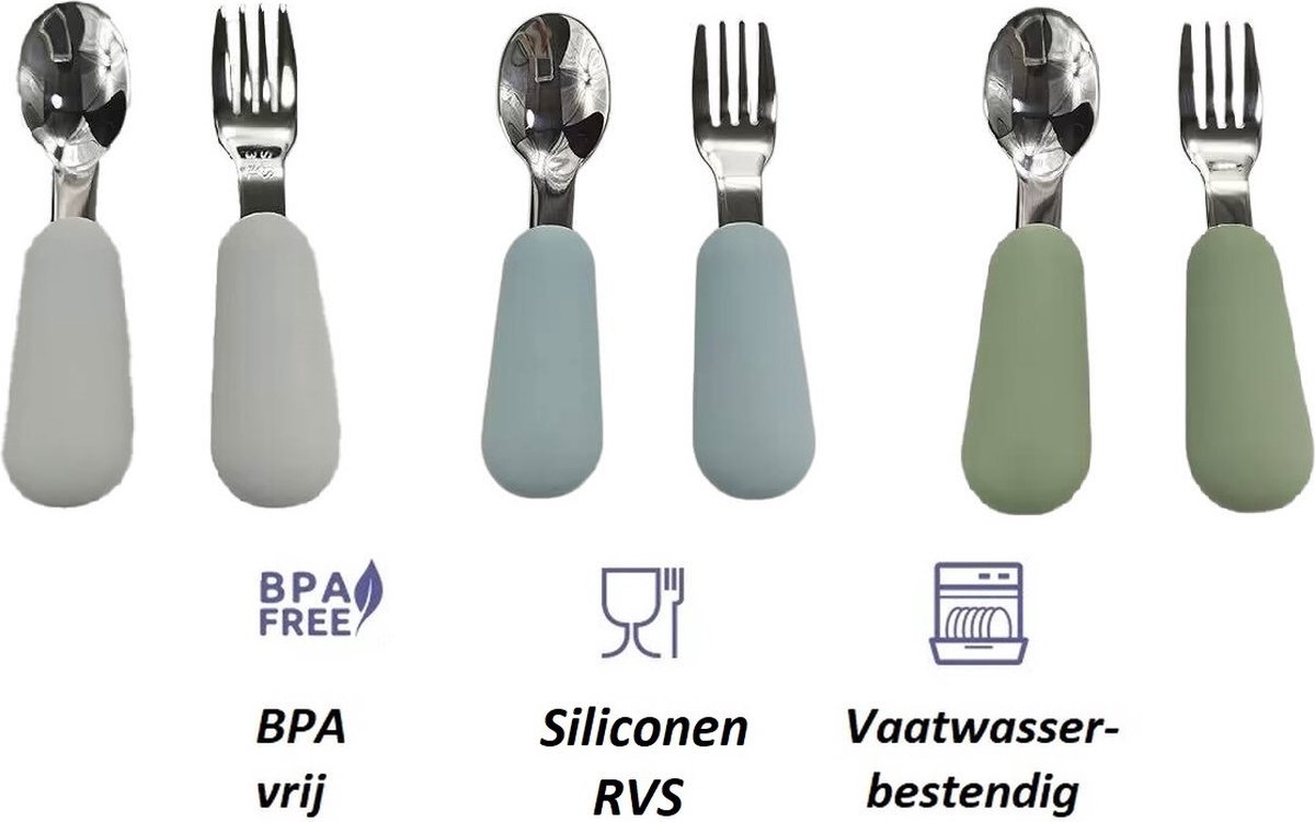 Image of 3 Setjes - Baby Bestekset - Vork en Lepel RVS - Kinderbestekset - Blauw Grijs Groen