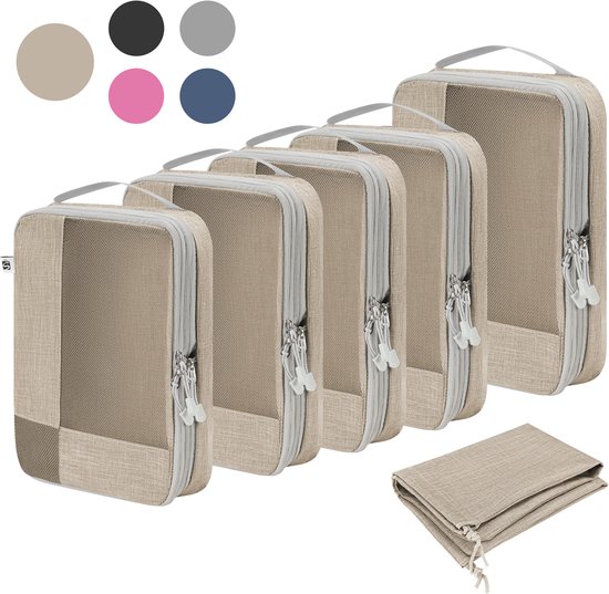 Skycases Packing Cubes Compression - Koffer Organizer Set - 6-delige Set - Met Compressie Rits - Voor koffers en tassen - Beige