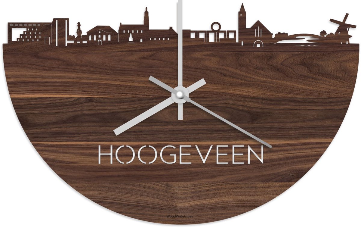 Skyline Klok Hoogeveen Notenhout - Ø 40 cm - Stil uurwerk - Wanddecoratie - Meer steden beschikbaar - Woonkamer idee - Woondecoratie - City Art - Steden kunst - Cadeau voor hem - Cadeau voor haar - Jubileum - Trouwerij - Housewarming -