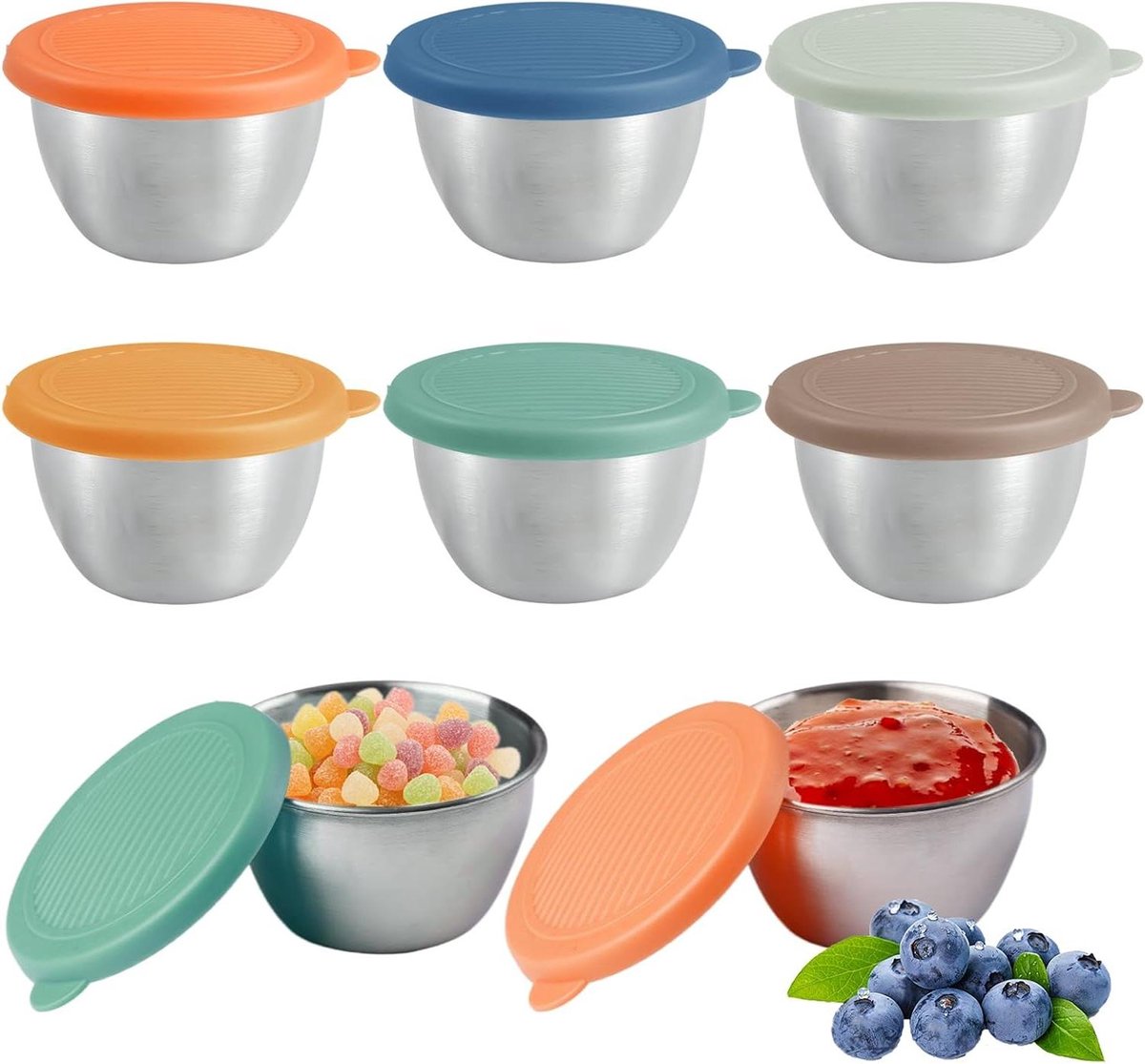 Allecto Plus - Set van 6 Salade Dressing Containers 80ml RVS Bakjes met Kleurrijke Siliconen Deksel - Lekvrij en Herbruikbaar - Vaatwasserbestendig - Lichtgewicht - Ideaal voor Sauzen en Dips