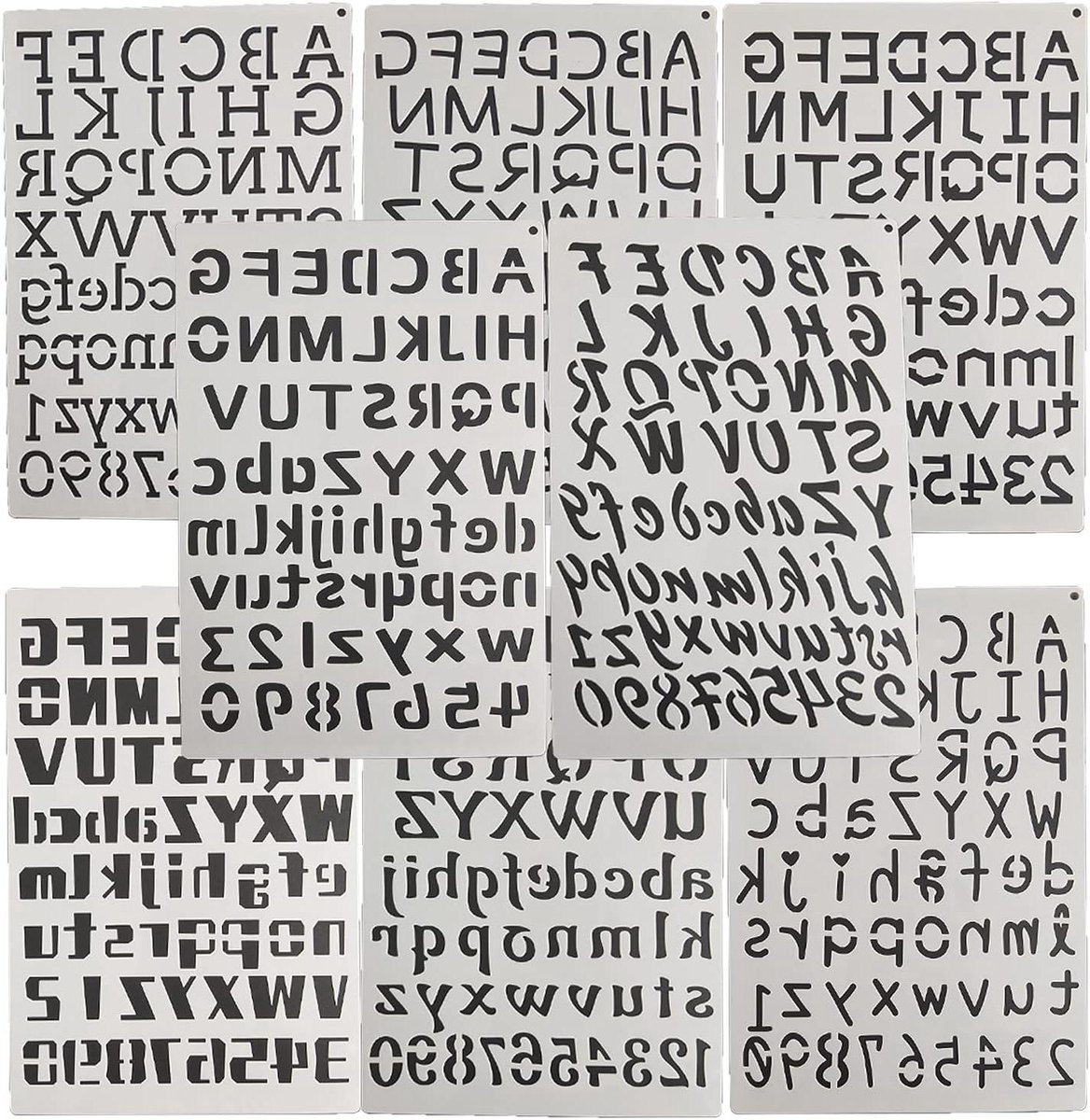 Allecto Plus - Brief Stencil Set - 8 stuks - Letters, Cijfers, Schilderen, Tekenen - Plastic Alfabet Sjabloon - Wit
