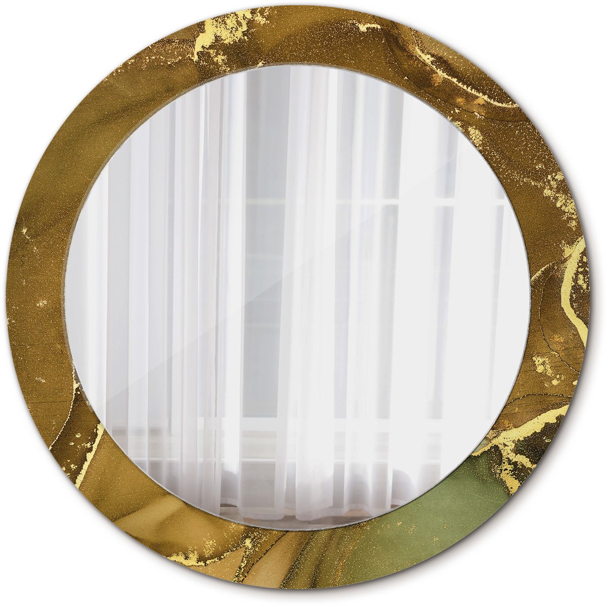 Tulup Spiegel - Ronde vorm Spiegel - op gehard Glas - Metallic wervelingen - Diameter: 70 cm - Spiegel met decoratieve opdruk - Woonkamerspiegel - Inloopkastspiegel - Spiegel voor kantoor of studio - Gouden - Design Spiegel - Montageset