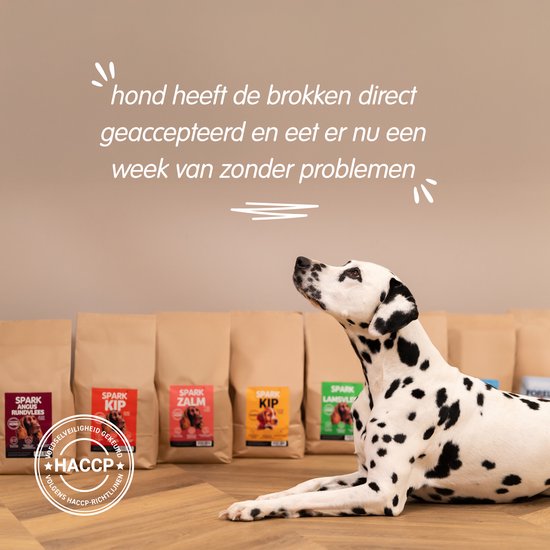 Een dalmatiër ligt op een tafel met op de achtergrond meerdere Spark hondenvoer zakken. Een tekstballon zegt: 'hond heeft de brokken direct geaccepteerd'.