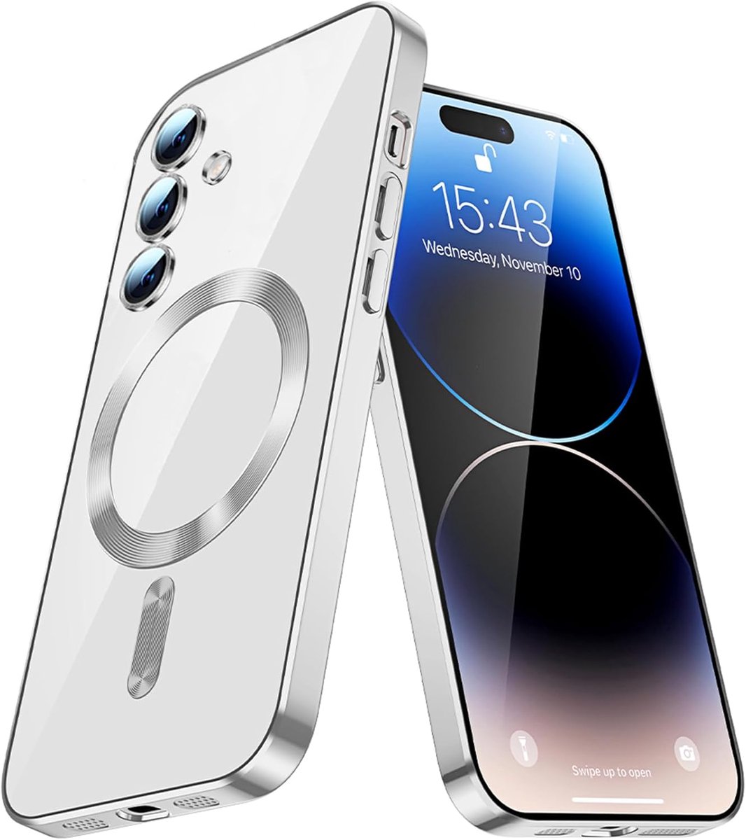 Telefoonhoesje Geschikt voor Samsung Galaxy S25+ – Siliconen Hoes met Chroom – Compatibel met MagSafe – Geïntegreerde Camerabescherming – Zilver – FuturiQ