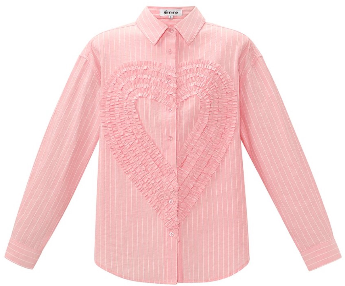 Eelegant Cotton Woven Damesoverhemd met Hartvormig Ruffledetail - Roze - Maat L