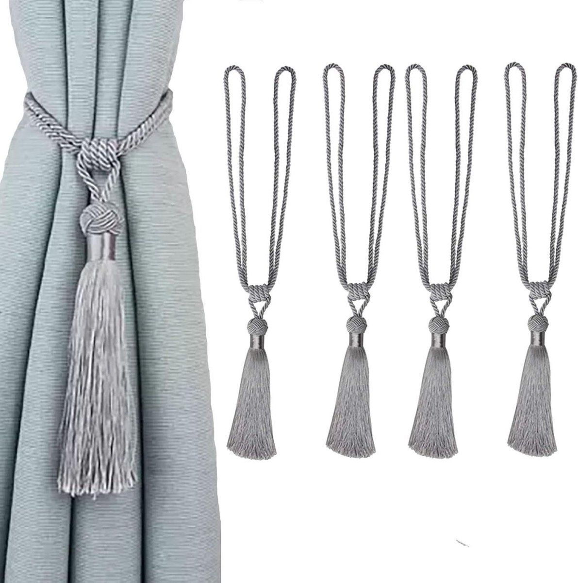 JGS Premium - Handgemaakte Touw Kwastje Gordijn Tiebacks Set van 4 - Decoratieve Liner Ties voor Kantoor en Thuis - Zilverkleurig - Praktische Holdbacks - Stijlvol Paar Ruggen