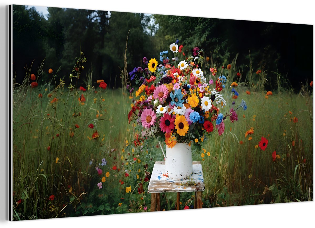 Aluminium schilderij 40x20 cm - Wanddecoratie metaal - Bloemen - Krukje - Gieter - Veld - 