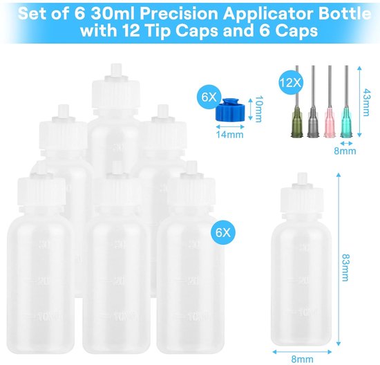 6 stuks lijmapplicator, kunststof fles, naaldfles, precisieapplicator, druppelfles, naaldpunt-applicator, flessen met lijmapplicator (10 ml/15 ml