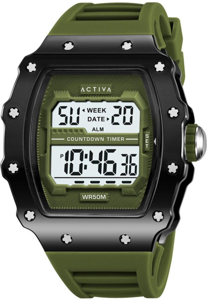 Activa x Invicta Digital ACW2296-002 Heren Horloge - Waterdicht - Digitaal - Quartz Uurwerk - Plastic met groene Wijzerplaat - 44mm