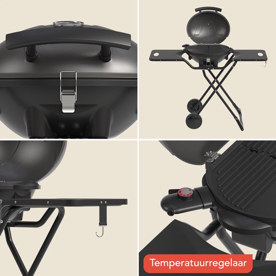 KitchenBrothers Elektrische BBQ - Opvouwbaar - Barbecue met Wielen - Anti-aanbaklaag - Zijtafels - tot 250°C - 2400W - Zwart