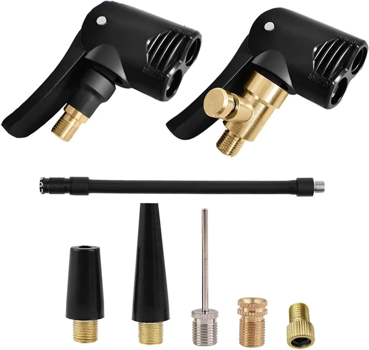 Allecto Plus - Messing autoventieladapter set 2 stuks voor Amerikaanse en Franse bandenventielen - Veiligheidshendel - Auto's, fietsen, motorfietsen, vrachtwagens